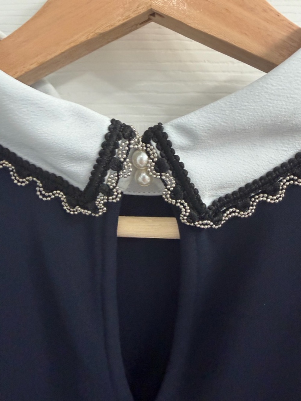 Karl Lagerfeld Navy Top with White Rounded Collar with Beaded Embellishment - Picture 3 of 4